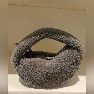 By Far gray cement color mini Sherpa bag with leather trim